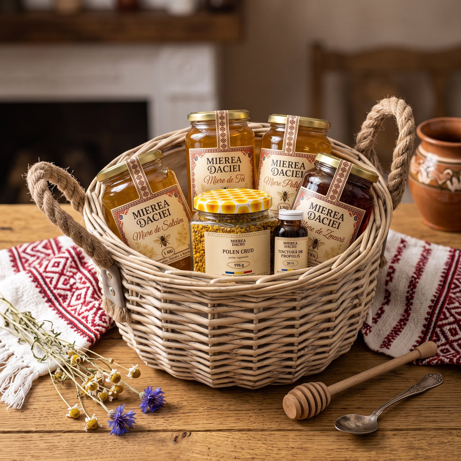 Panerul Apicultorului pe masă rustică din lemn, în lumină caldă