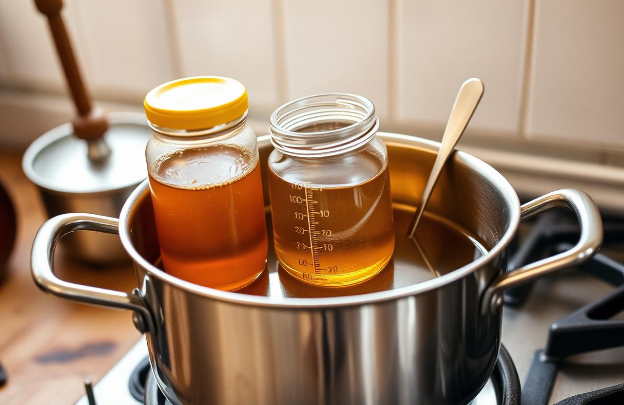 Borcan de miere într-un vas de inox cu apă caldă (bain-marie) pe aragazul unei bucătării tradiționale, cu termometru